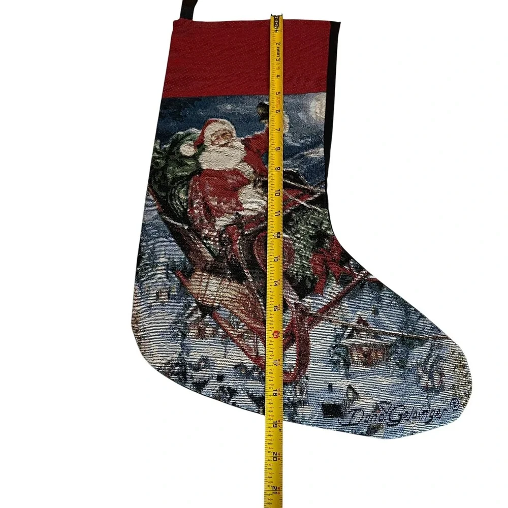 Dona Gelsinger Santa Delivering Sleigh Tapestry Christmas Stocking NEW